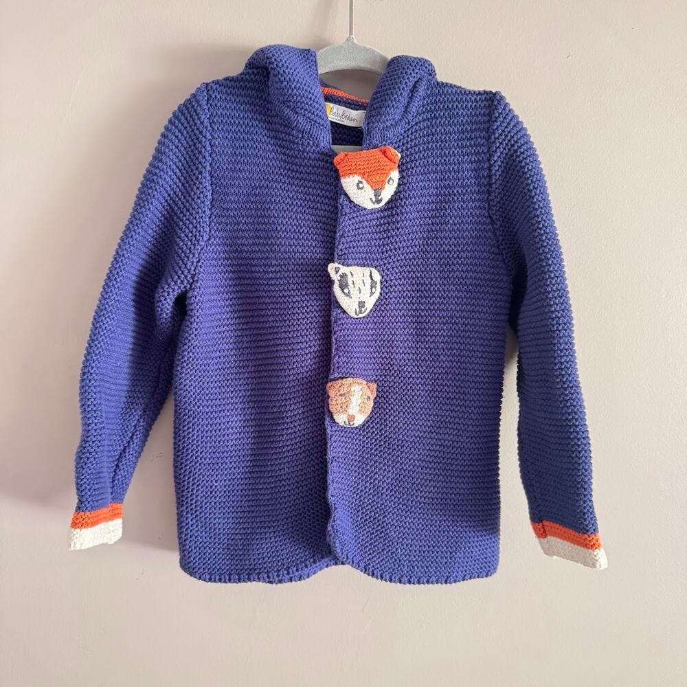 Baby Boden Blue Knit Hooded Cardigan Sweater Jacket Woodland Creatures Buttons
